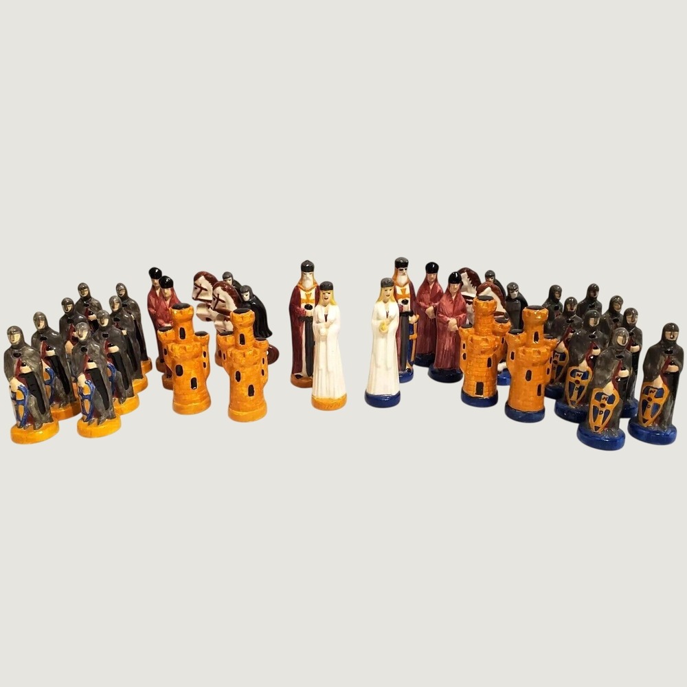 Vintage 1981 Hand Painted Ceramic Chess Set Complete 32 Piece Medieval Figures